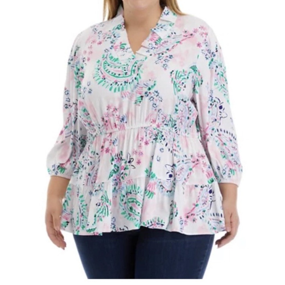 Crown & Ivy Peplum Top Womens 3X White Paisley Ruffle V-Neck 3/4 Sleeve Blouse